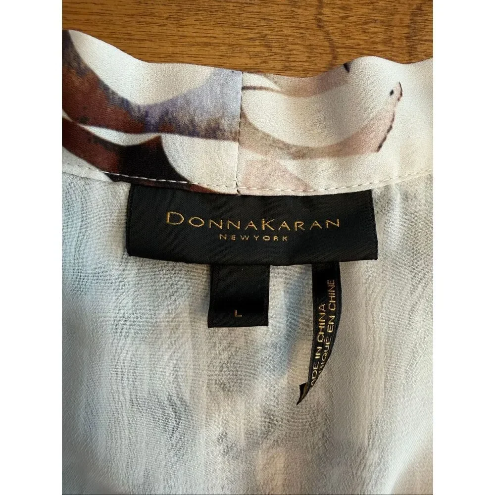 Donna Karan Women's Pleated Tie Neck Sleeveless Blouse Top White Tan Size Large - Picture 6 of 10